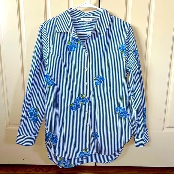 Calvin Klein Floral Embroidered Striped Long Sleeve Button Down Shirt Size Small - Picture 14 of 15